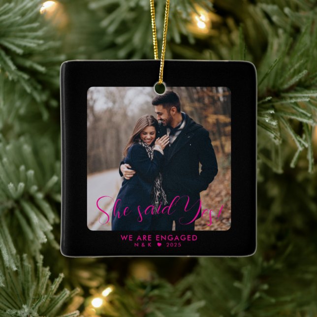Pink First Christmas Engaged Couple Custom Photo Ceramic Ornament (Tree)