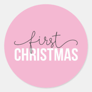 Pink "First Christmas" Modern Design - New Parents Classic Round Sticker