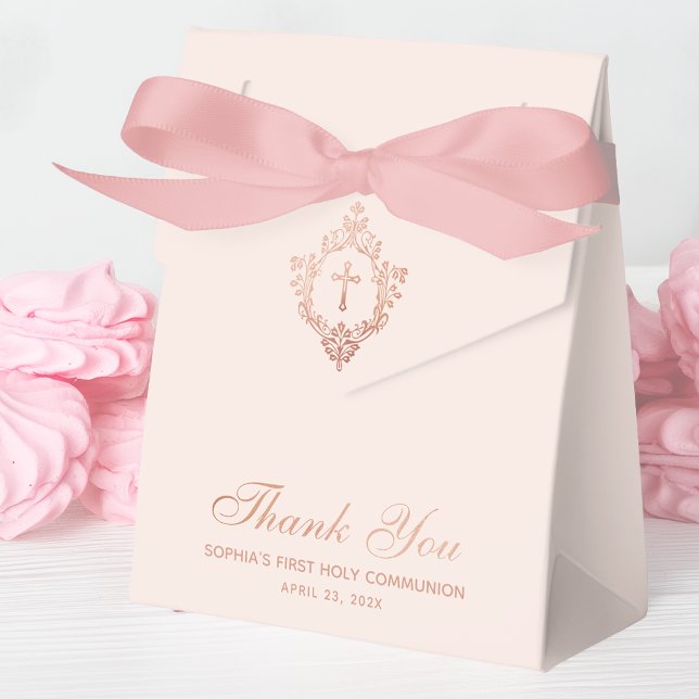 Pink First Communion Girl Elegant Rose Gold Crest  Favour Box (Tent favor box with pink meringues)