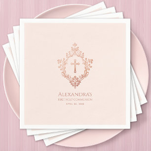 Pink First Communion Girl Rose Gold Crest Elegant Napkin
