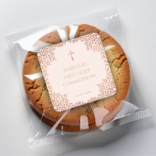 Pink First Communion Girl Rose Gold Leaves Elegant Square Sticker