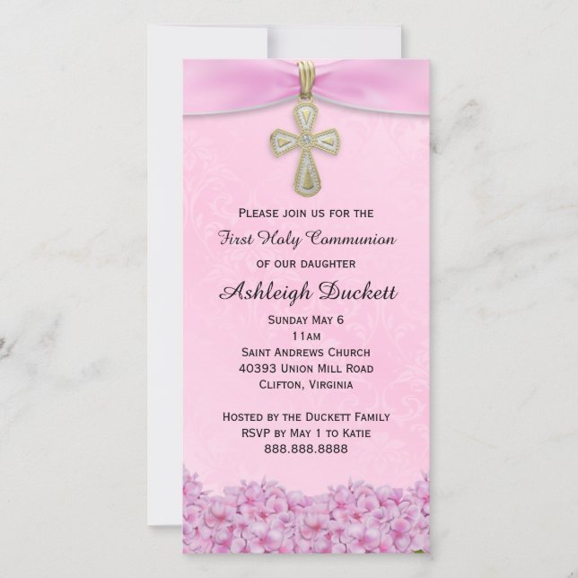 Pink First Holy Communion Religious Invitation (Front)