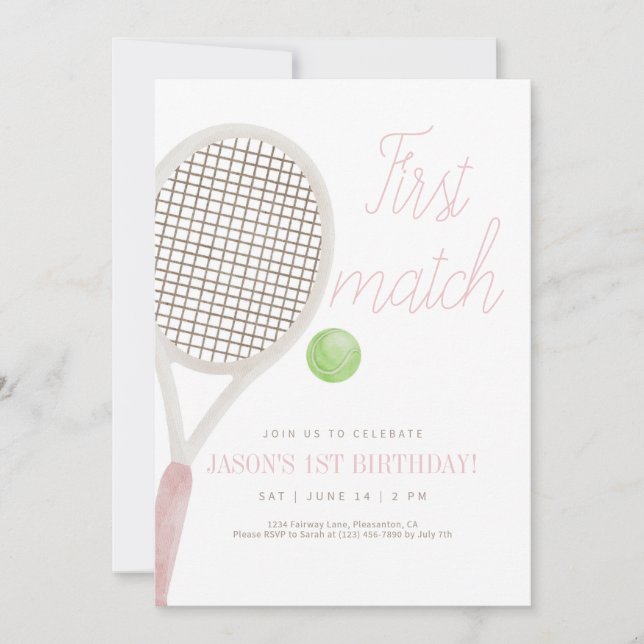 Pink First Match Tennis Birthday Invitation (Front)