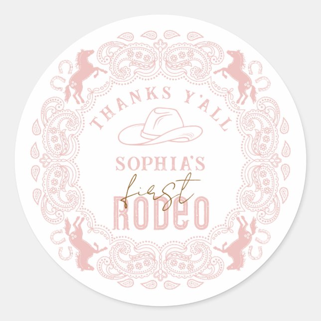 Pink First Rodeo Birthday Favour Sticker – Cowgirl (Front)