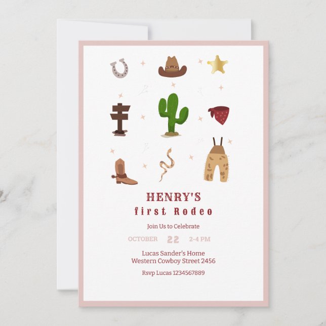 Pink First Rodeo Cowboy Kids Birthday Invitation (Front)