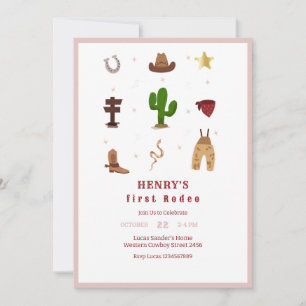 Pink First Rodeo Cowboy Kids Birthday Invitation