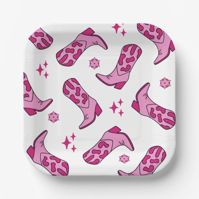 Pink First Rodeo Cowgirl Boot Birthday Paper Plate (Front)