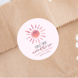 Pink First Trip Around The Sun 1st Birthday Party Classic Round Sticker