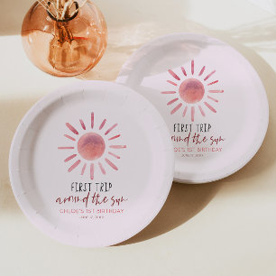 Pink First Trip Around The Sun 1st Birthday Party Paper Plate