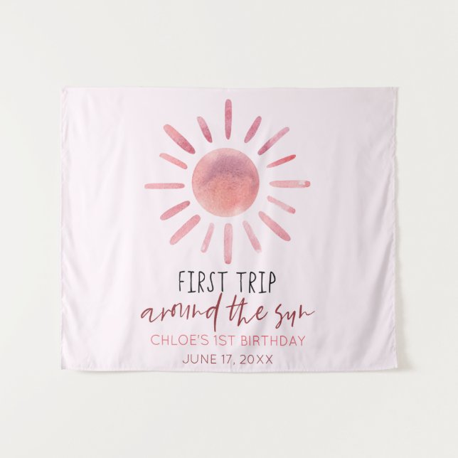 Pink First Trip Around The Sun 1st Birthday Party Tapestry (Front (Horizontal))