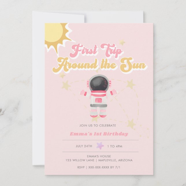 Pink First Trip Around the Sun First Birthday Invitation (Front)