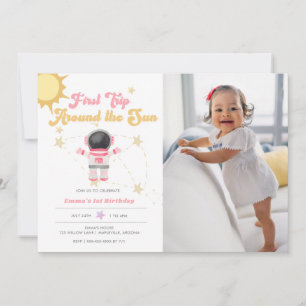 Pink First Trip Around the Sun First Birthday  Invitation