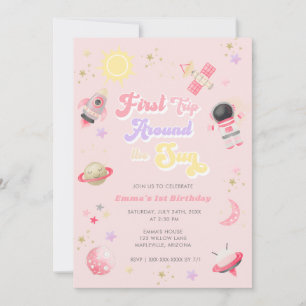 Pink First Trip Around the Sun First Birthday Invitation