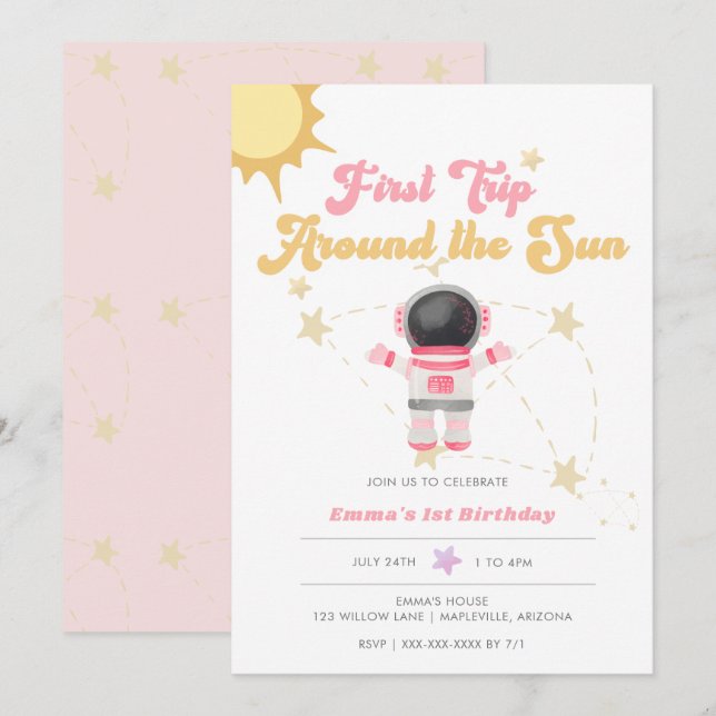Pink First Trip Around the Sun First Birthday  Invitation (Front/Back)
