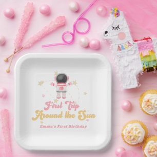 Pink First Trip Around the Sun First Birthday  Paper Plate
