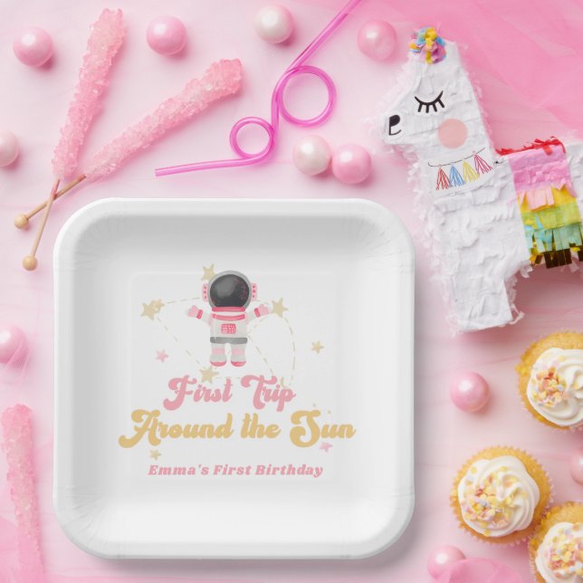 Pink First Trip Around the Sun First Birthday  Paper Plate (Party)