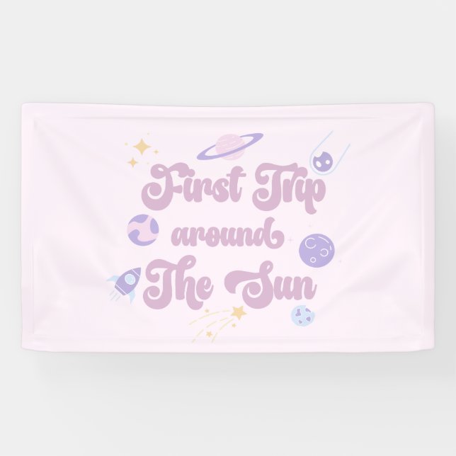 Pink First Trip Around The Sun Space 1st Birthday Banner (Horizontal)