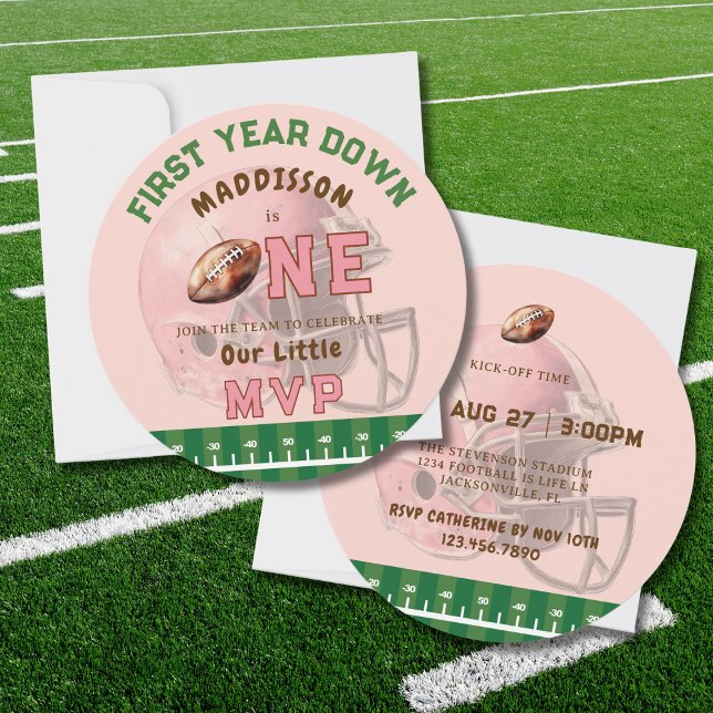 PINK FIRST YEAR DOWN FOOTBALL 1ST BIRTHDAY THEME INVITATION (Creator Uploaded)