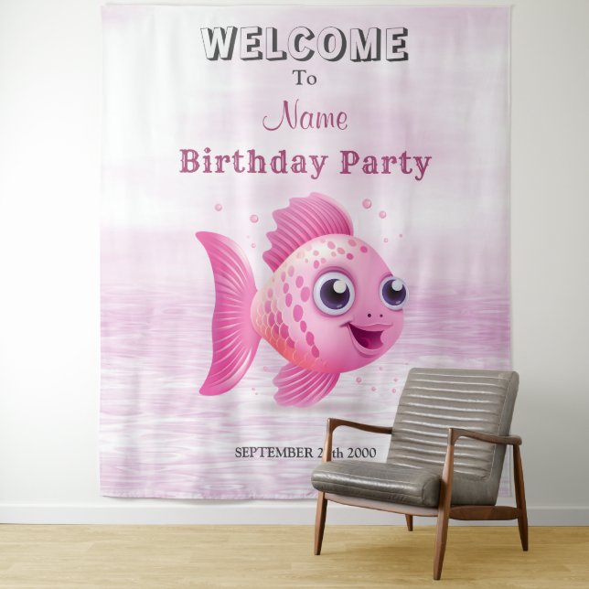 Pink Fish Birthday Party Backdrop Tapestry (In Situ)