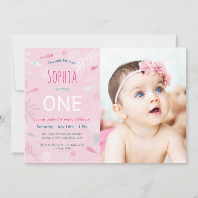 Pink Fish Kids Birthday Party Photo Card (Front)