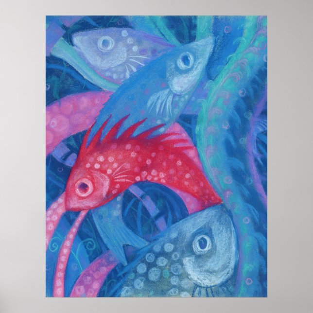 Pink Fish Seaweed Sea Ocean Animals Underwater Art Poster (Front)