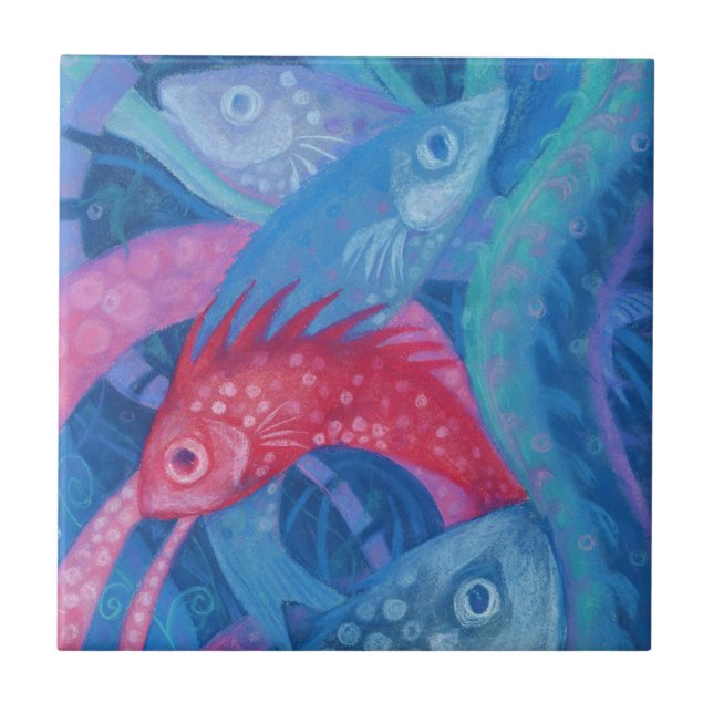 Pink Fish Seaweed Sea Ocean Animals Underwater Art Tile (Front)