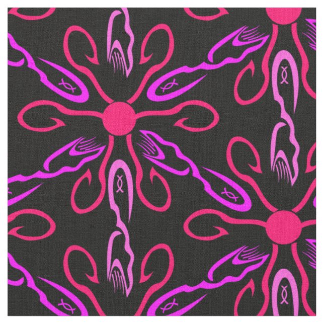 Pink Fishhooks and Purple Fish Pattern Fabric (Close Up)