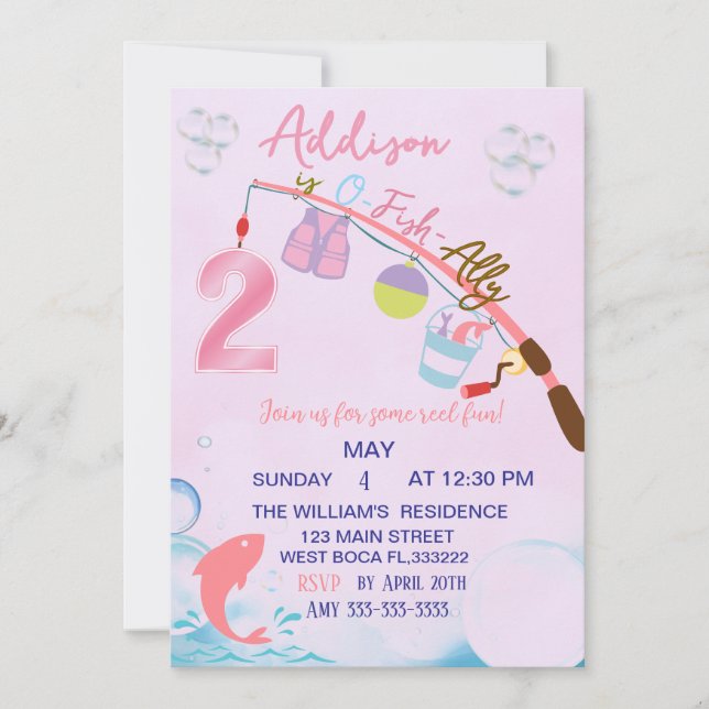 Pink Fishing 2nd Birthday O-Fish-Ally Two Birthday Invitation (Front)