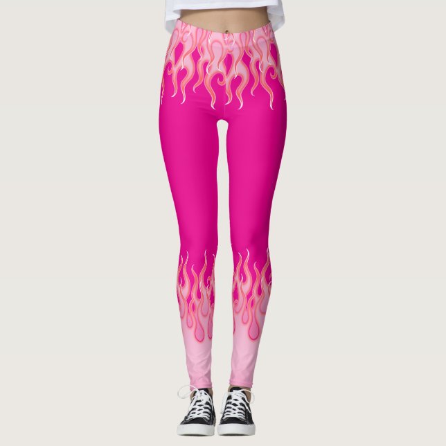 Pink Flames, racing flames, fire, hot, hot rod, Leggings (Front)