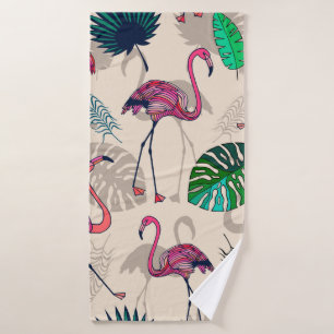 Pink flamigos and tropical leaves seamless pattern bath towel
