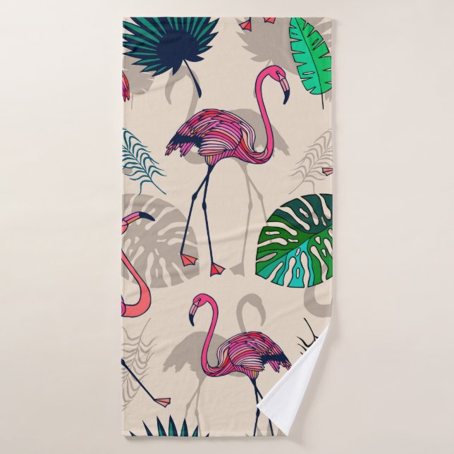Pink flamigos and tropical leaves seamless pattern bath towel (Bath Towel)