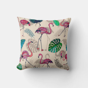 Pink flamigos and tropical leaves seamless pattern cushion