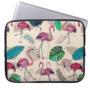 Pink flamigos and tropical leaves seamless pattern laptop sleeve