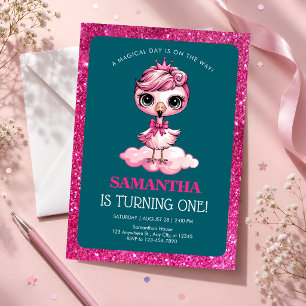 Pink Flamingo 1st Birthday Invitation