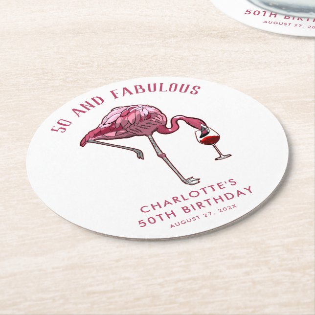 Pink Flamingo 50th Birthday Novelty Swag Round Paper Coaster (Angled)