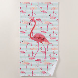 Pink Flamingo and Blue Stripes Beach Towel