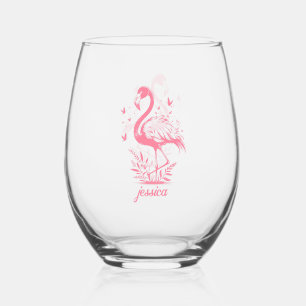 Pink flamingo and butterflies stemless wine glass
