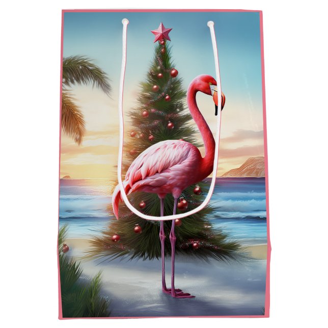 Pink Flamingo and Christmas Tree Tropical Beach Medium Gift Bag (Back)