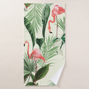 Pink flamingo and exotic flowers, palm leaves. Flo Bath Towel