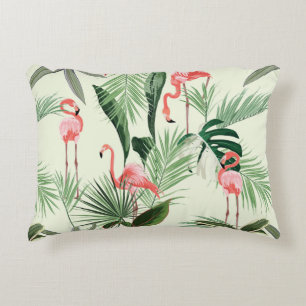 Pink flamingo and exotic flowers, palm leaves. Flo Decorative Cushion