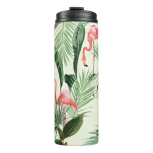Pink flamingo and exotic flowers, palm leaves. Flo Thermal Tumbler