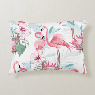 Pink flamingo and exotic flowers, palm leaves, whi decorative cushion