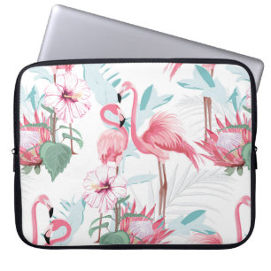 Pink flamingo and exotic flowers, palm leaves, whi laptop sleeve