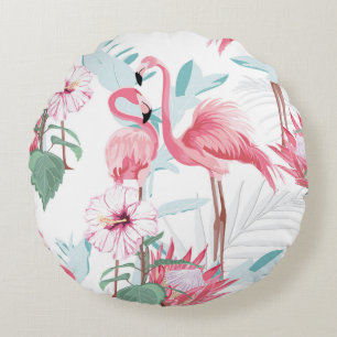 Pink flamingo and exotic flowers, palm leaves, whi round cushion