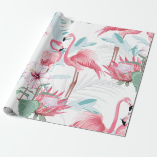 Pink flamingo and exotic flowers, palm leaves, whi wrapping paper