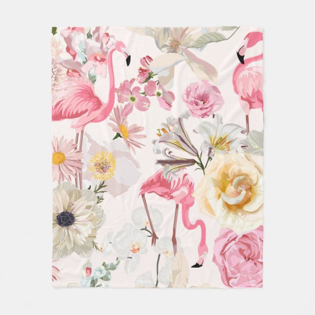 Pink flamingo and exotic pink white flowers. fleece blanket (Front)