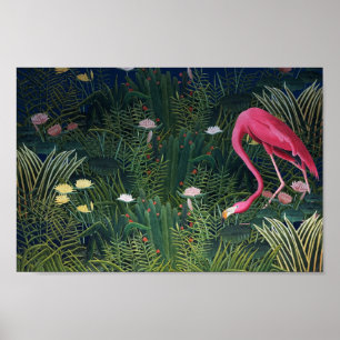 Pink Flamingo and Flowers, Famous painting Poster