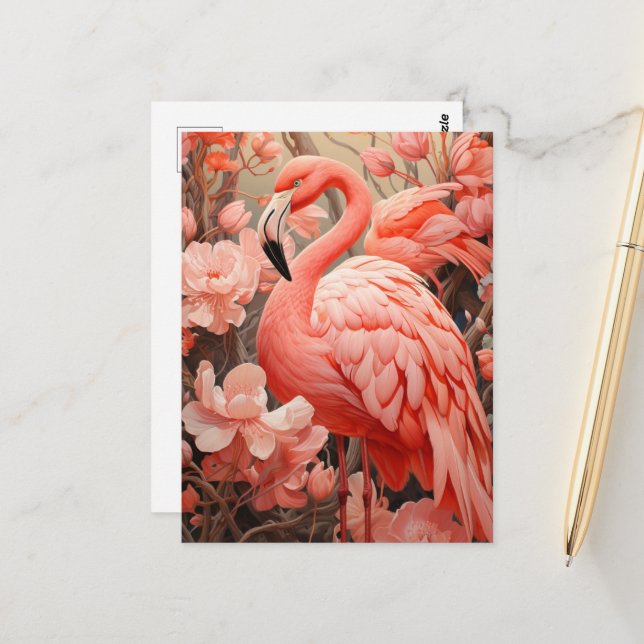 Pink Flamingo and Flowers Postcard (Front/Back In Situ)