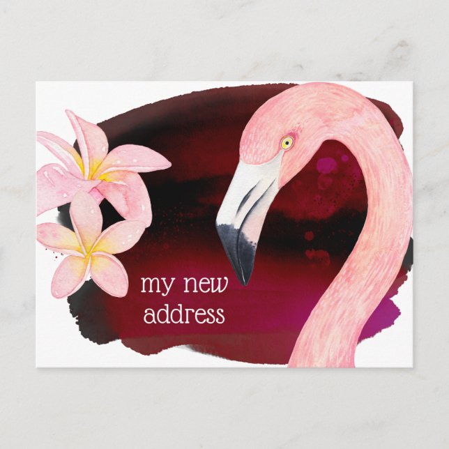 Pink Flamingo and Frangipani Flowers New Address Announcement Postcard (Front)