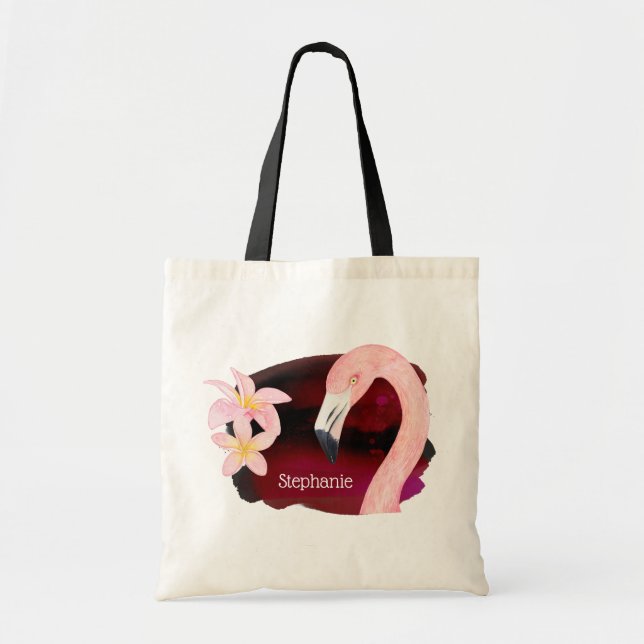 Pink Flamingo and Frangipani Flowers Personalised Tote Bag (Front)